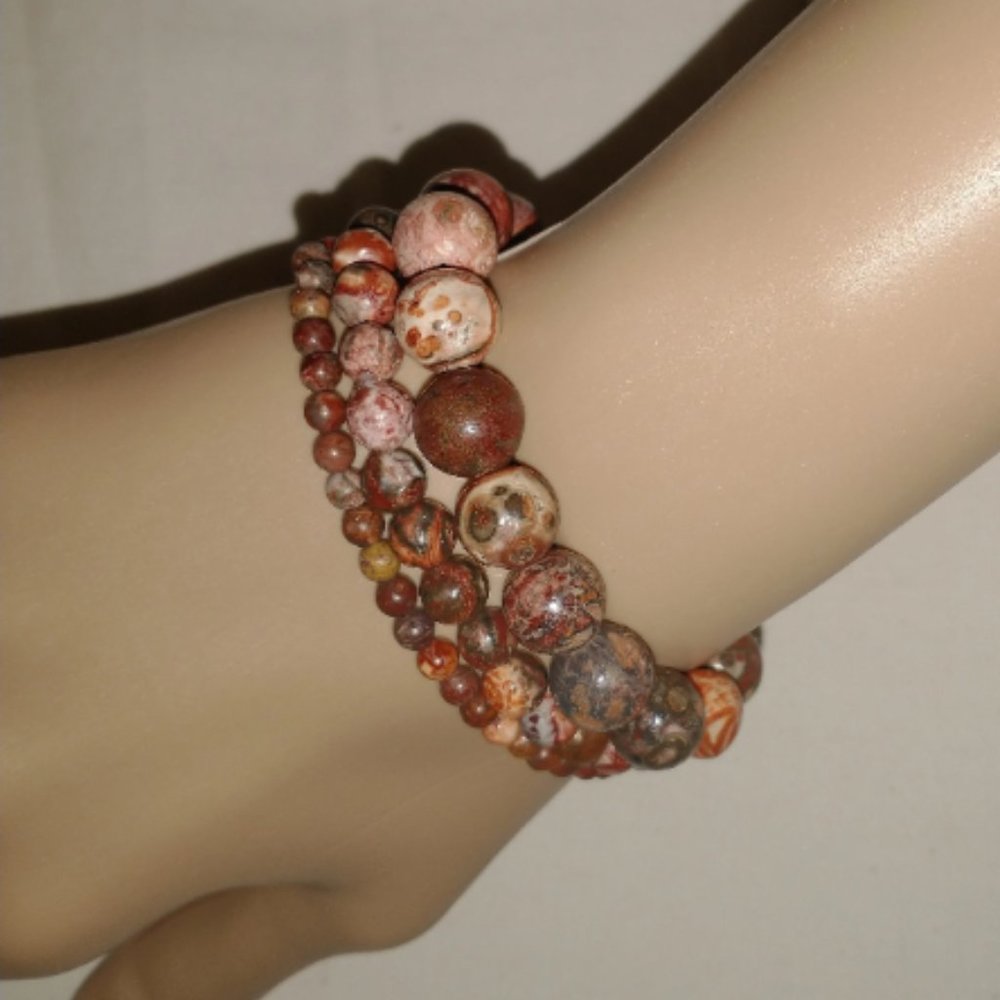 Bracelet / Stretchy Three Piece Leopard Jasper / Gemstone Stackable Bracelet Set